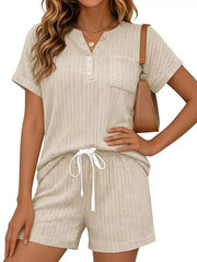 Apricot ribbed knit loungewear set with henley neckline top and drawstring shorts
