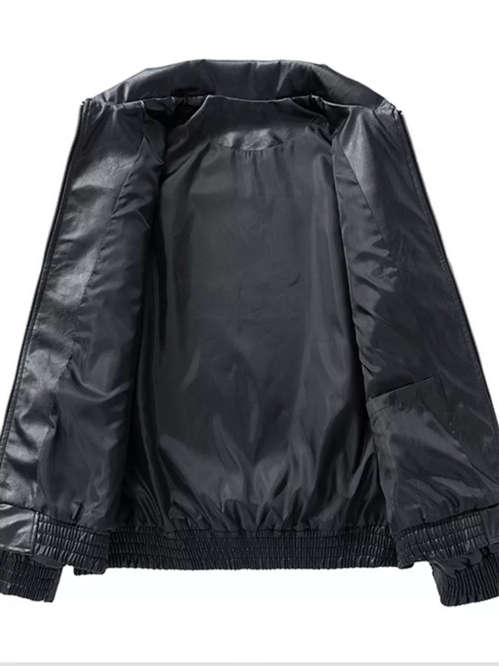 Black plus size zip-up leather coat with elastic cuffs and hem, showing interior pocket.