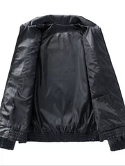 Black plus size zip-up leather coat with elastic cuffs and hem, showing interior pocket.