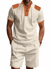 Men's casual two-piece set in Khaki with lace-up detail and drawstring shorts.