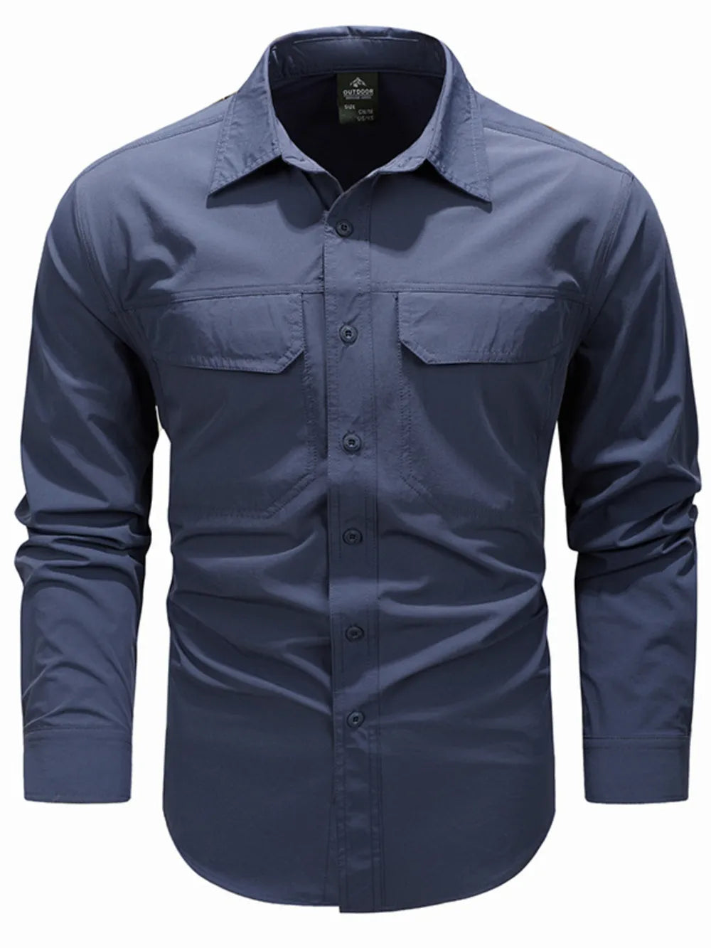 French blue cotton overshirt with buttoned flap pockets and collar
