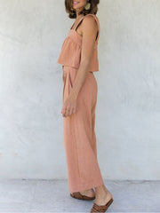 Watermelon pink linen crop top co-ord with button detail and wide leg culottes.