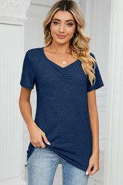 Dark blue ruched V-neck jersey tee with short sleeves