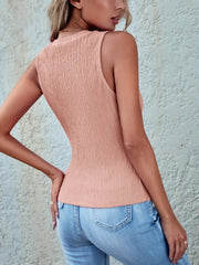 Textured sleeveless crewneck top in dusty pink with a ribbed texture.