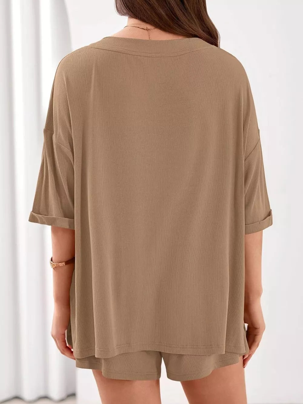Khaki ribbed V-neck loungewear set with cuffed short sleeves and matching shorts.