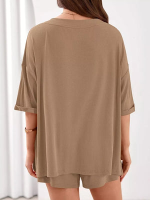 Khaki ribbed V-neck loungewear set with cuffed short sleeves and matching shorts.