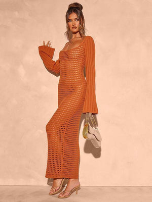 Terracotta open knit maxi dress with bell sleeves and square neckline.