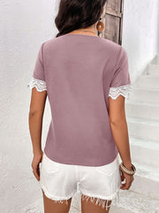 Lilac waffle knit henley with lace trim short sleeves.
