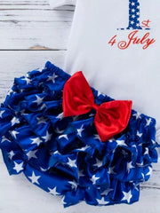 Baby outfit with ruffled star bloomer and red bow, white top with 1st 4th July print.