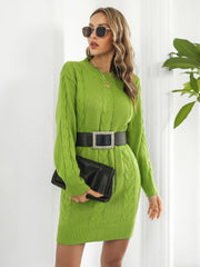 Lime cable knit sweater dress with belt and long sleeves