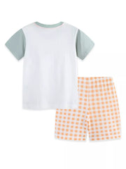 Toddler cotton tee with green sleeves and gingham shorts set