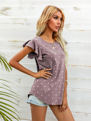 Light Mauve polka dot tee with ruffled sleeves and a rounded neckline.