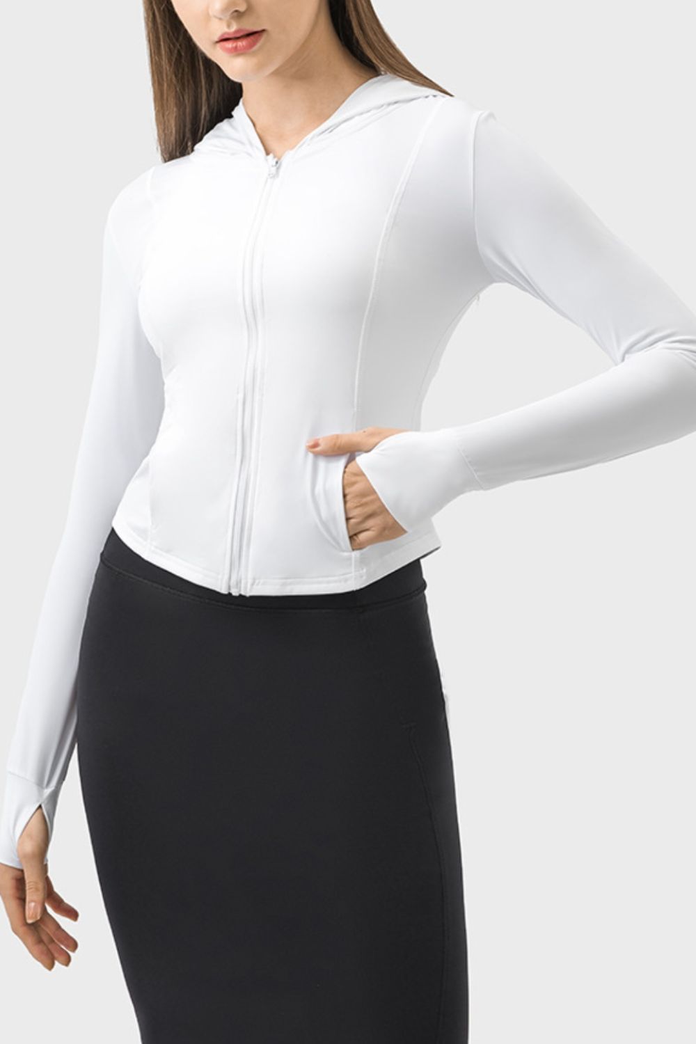 White active zip-up hoodie with thumbholes and pockets