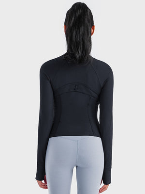 Black ribbed performance zip-up track jacket with thumbholes and contoured seams.