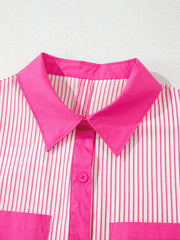 Button-down mini dress with pink and white stripes, pink collar, and button detail.