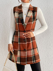 Tailored plaid sleeveless blazer dress in caramel with button front and notched lapels.