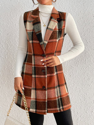 Tailored plaid sleeveless blazer dress in caramel with button front and notched lapels.