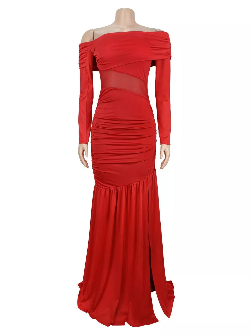 black maxi dress with ruched and long sleeve