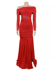 black maxi dress with ruched and long sleeve