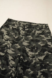 Camo print cotton cargo jeans with multiple pockets and a button closure.