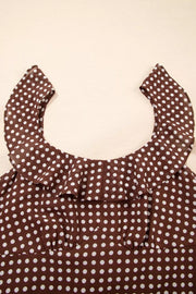 Brown polka dot maxi dress with ruffled neckline and polyester fabric.