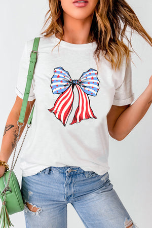 White graphic t-shirt with a red, white, and blue patriotic bow design.