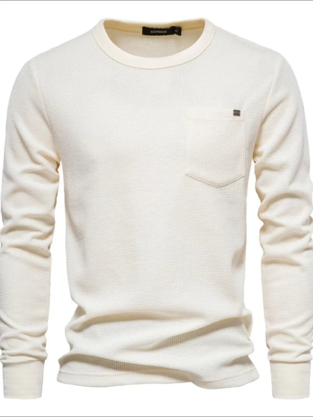 Ivory textured thermal long sleeve tee with chest pocket and minimalist detail.