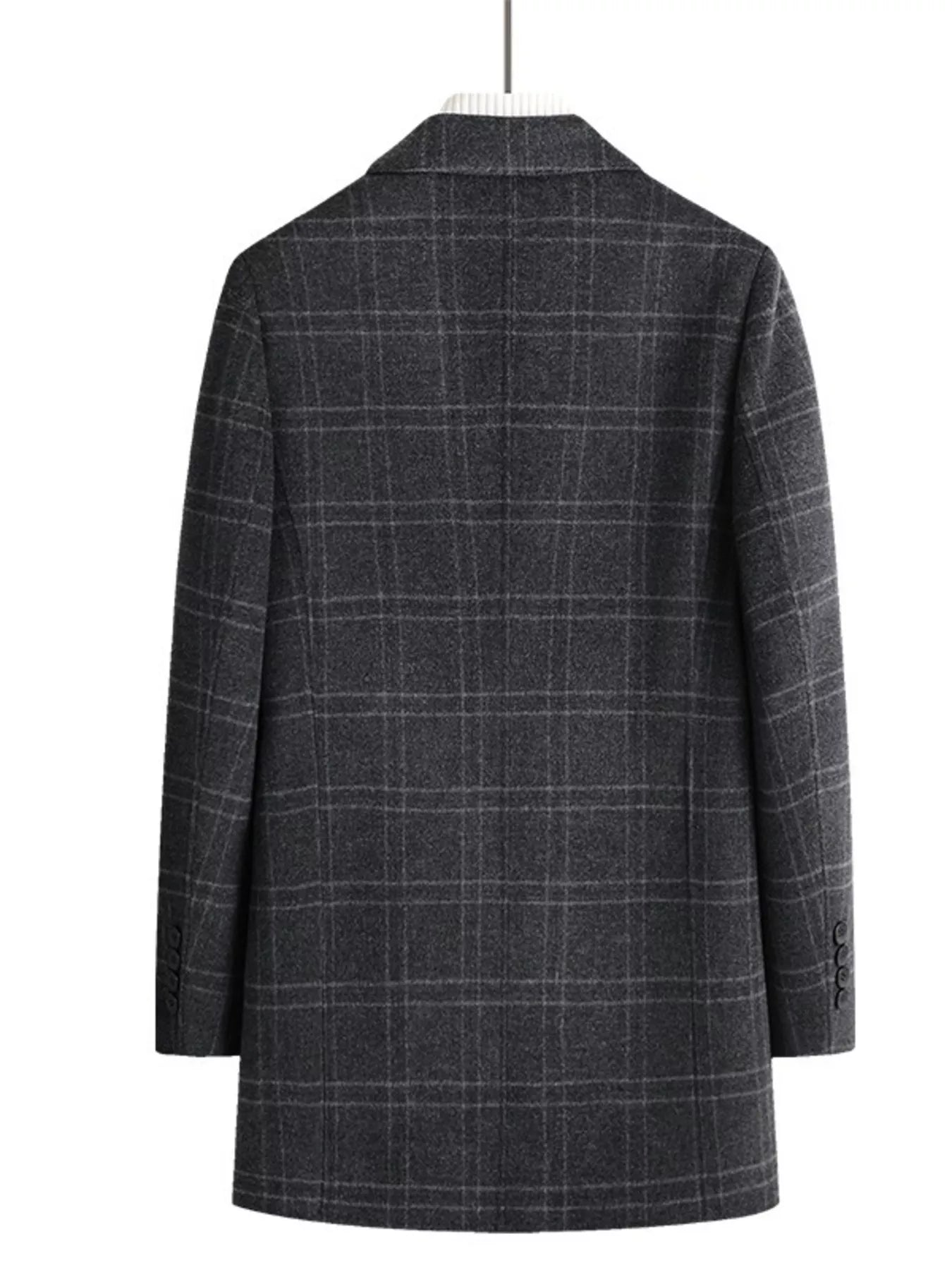 Men's dark gray plaid wool blend overcoat with buttoned cuffs.