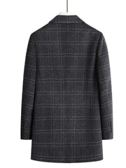 Men's dark gray plaid wool blend overcoat with buttoned cuffs.