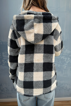 Sherpa zip-up jacket with black and cream buffalo check pattern and hood.