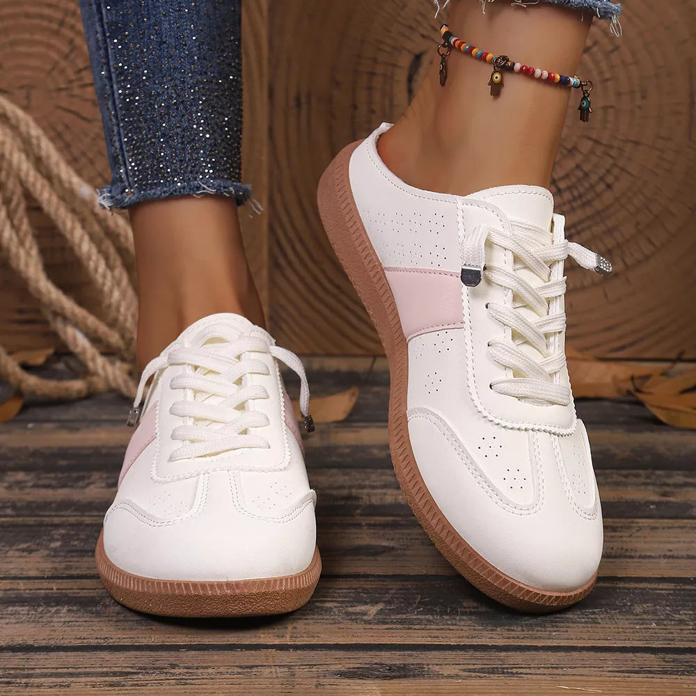 Round Toe Pink Slip-on Flats in Pink, close-up detail