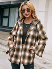 Flared sleeve hooded shacket in camel plaid with drawstring details and pockets.