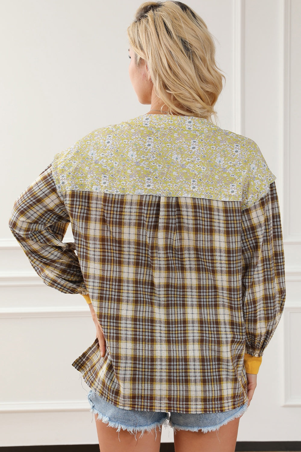 Mixed Media Plaid Yoke Blouse in yellow floral yoke and brown plaid body.