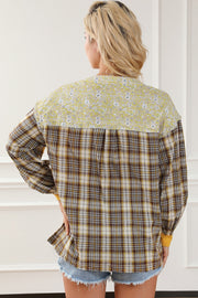 Mixed Media Plaid Yoke Blouse in yellow floral yoke and brown plaid body.