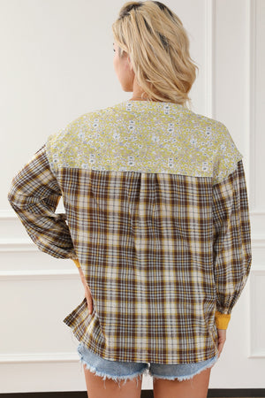 Mixed Media Plaid Yoke Blouse in yellow floral yoke and brown plaid body.
