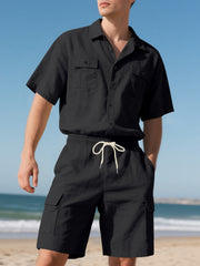 Black relaxed-fit button-up shirt and drawstring cargo shorts set for men.