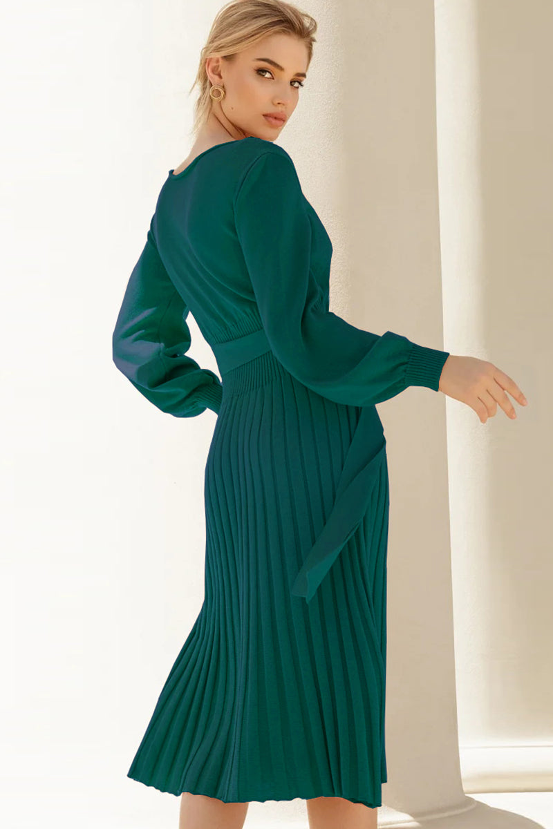 Belted pleated knit midi dress in Deep Teal with long sleeves and a tie waist.