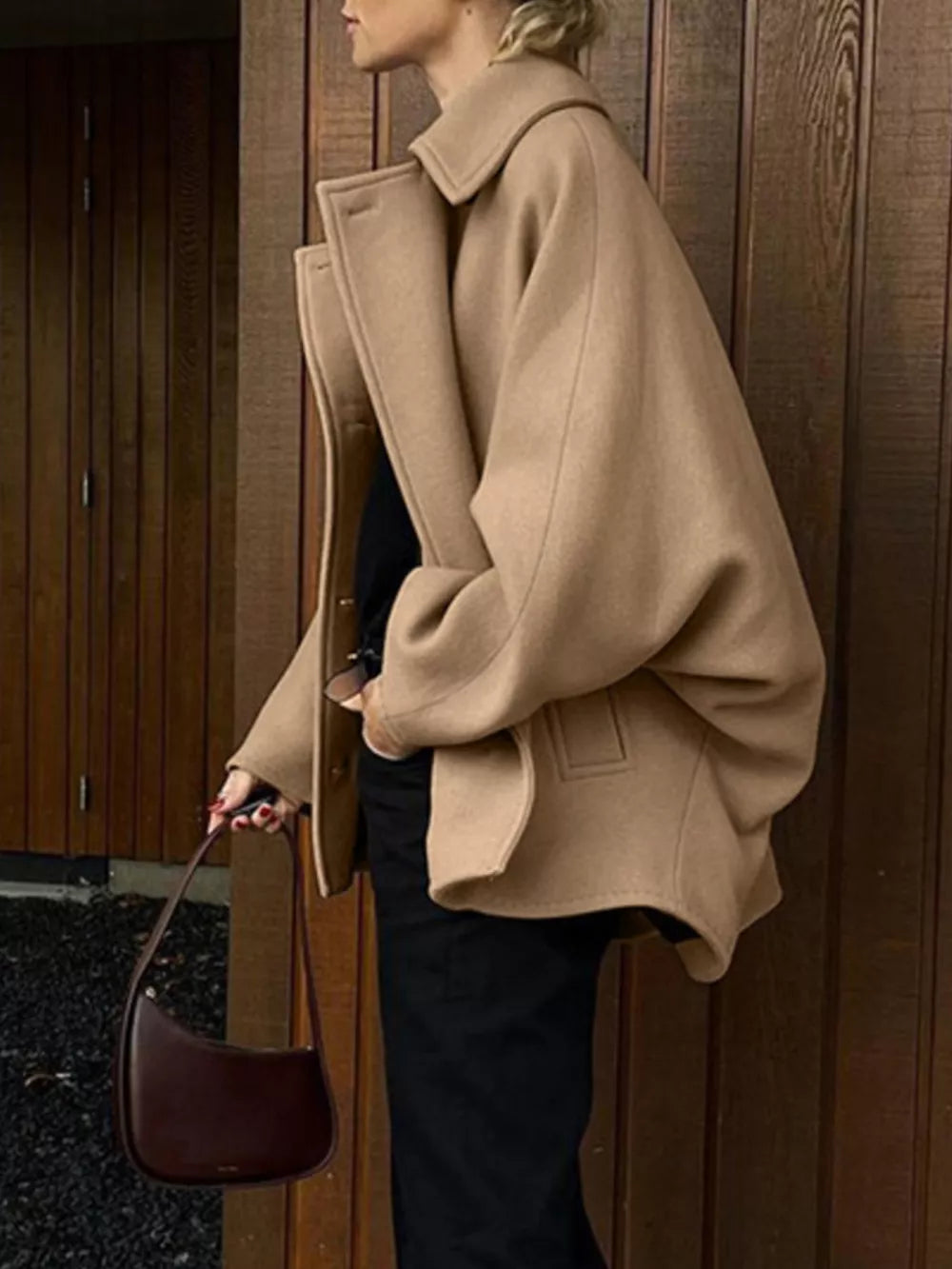 Oversized Lapel Collar Button-down Coat in Brown, view 12