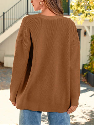 Oversized ribbed knit button-down cardigan in Coffee Brown acrylic with dropped shoulders.