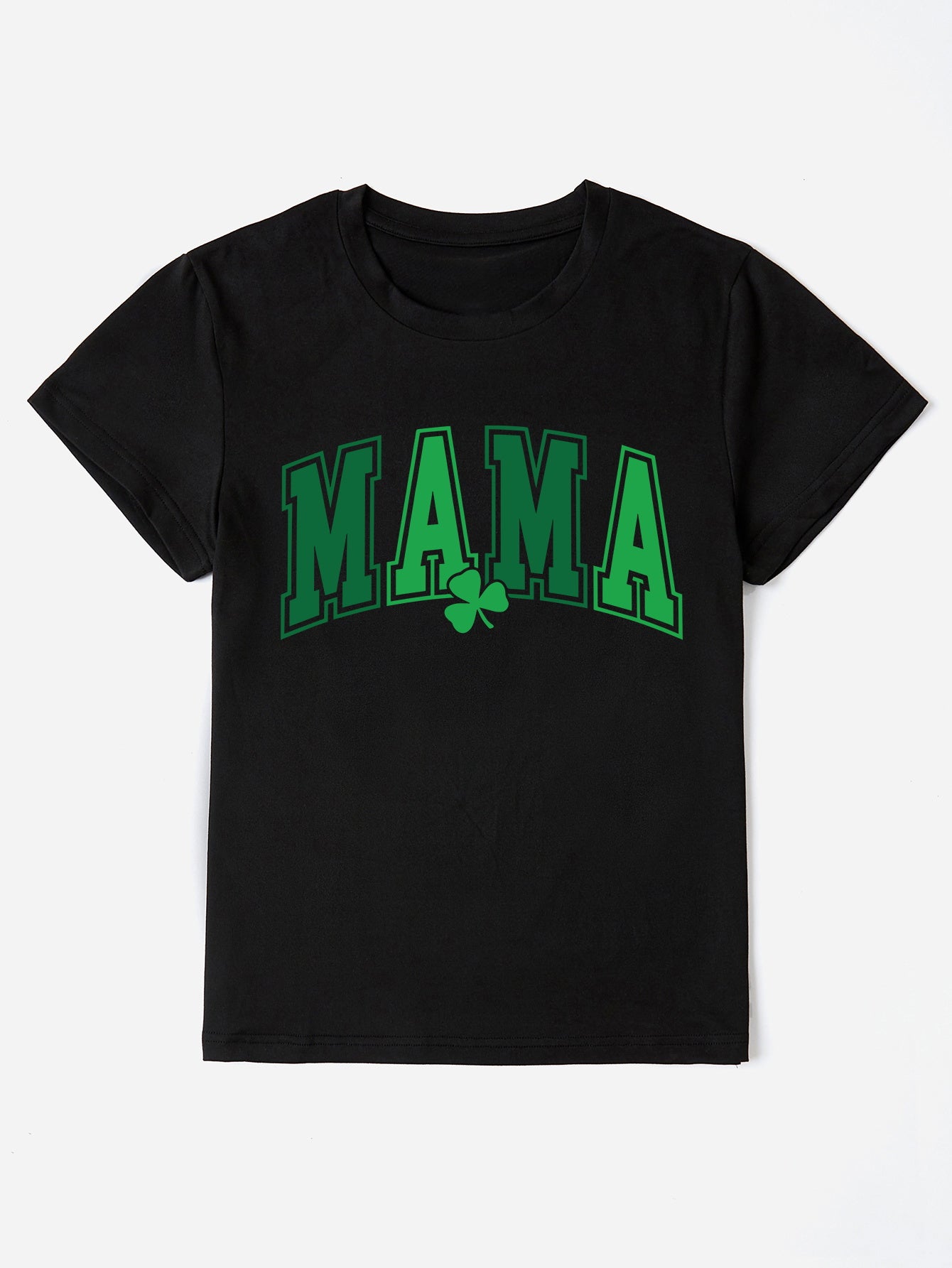 Black Mama graphic t-shirt with green shamrock and varsity text