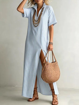 Full Size Striped Maxi Dress With Side Slit, front view