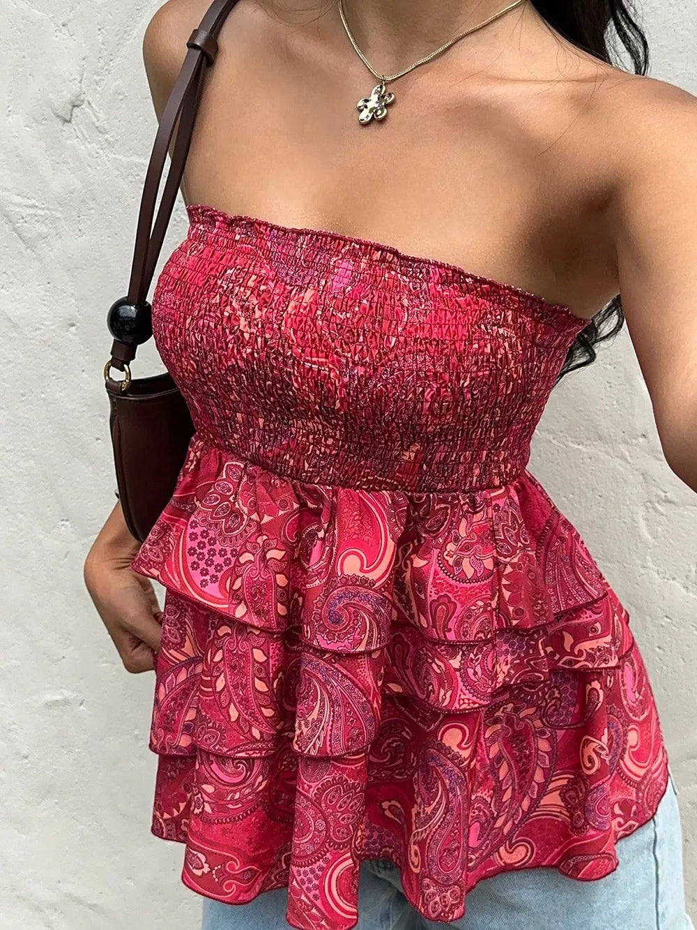 Smocked Layered Paisley Print Tube Top, back view
