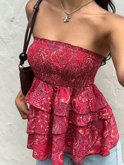 Smocked Layered Paisley Print Tube Top, back view