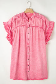 Acid wash pink shirt dress with ruffle sleeves and button front.