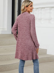 Textured ribbed knit duster cardigan in dusty rose with long sleeves and a cascade front.