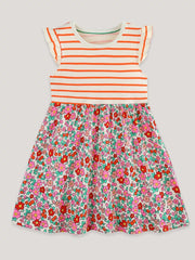 Baby dress with orange stripes on top and floral print skirt, featuring ruffle sleeves.