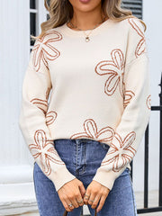 Ivory acrylic knit crewneck sweater with brown floral outline pattern.