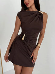 Ruched Asymmetrical Sleeveless Mini Dress in White, fabric detail