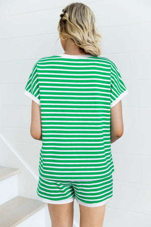Green and white striped cotton loungewear set with short sleeves and shorts.