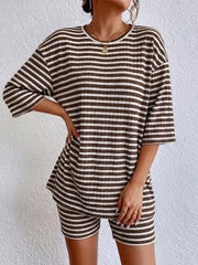 Chic striped two-piece set in coffee stripes with elbow sleeves and shorts.